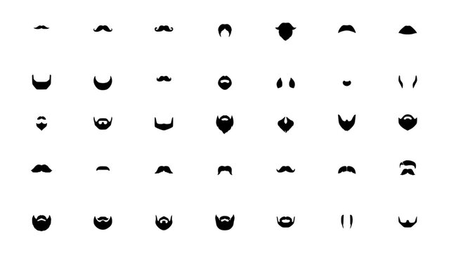 Mustaches and Beards in Various Styles and Shapes, Black and White Vector Illustrations Featuring Mustache, Beard, Facial Hair