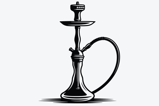 Silhouette illustration of a traditional hookah pipe with a curved hose and bowl used for smoking flavored tobacco.