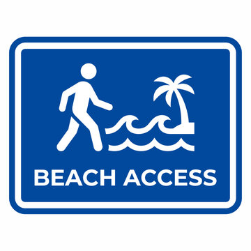 A blue and white sign indicating beach access with a person walking towards waves and a palm tree, symbolizing public entry to the shore.