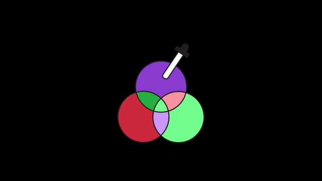 Minimalist Color Picker and Eyedropper Animation, Intersecting RGB Circles, Graphic Design and Creative Software Concept Loop on Black Background