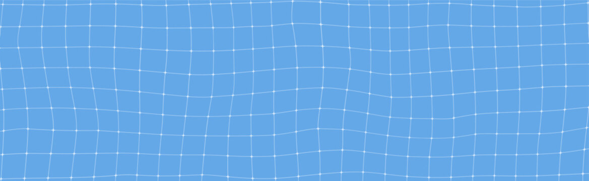 Cross deform white grid texture on blue background. Square distort millimeter paper with intersection marks. Blueprint warp sheet. Vector FUI backdrop, floor tiles of the pool sway in the wave.
