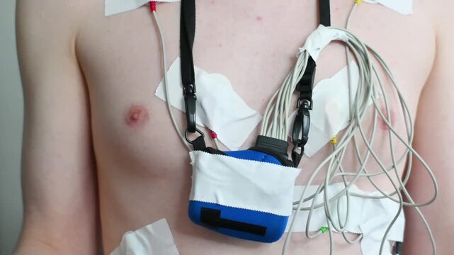Male torso with holter monitor electrodes and recorder attached.