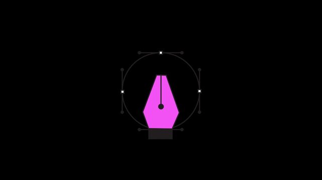 Minimalist Pen Tool and Bezier Curve Animation, Vector Graphic Editing and Drawing Concept, Anchor Point and Handle Icon Loop on Black Background
