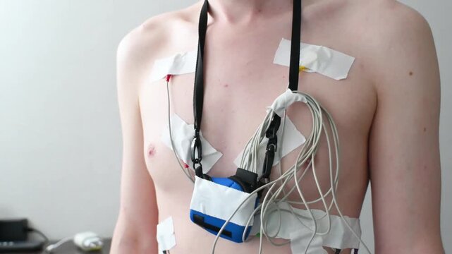Male torso with holter monitor electrodes and recorder attached.