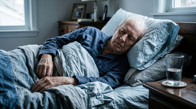 Elderly Man Sleeping Peacefully In Bedroom Setting With Glass Of Water