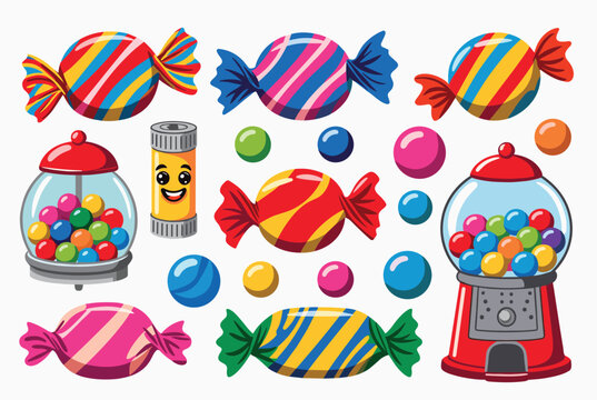 Large collection of assorted colorful candies including wrapped sweets, gumballs, a gumball machine, and a candy roll.