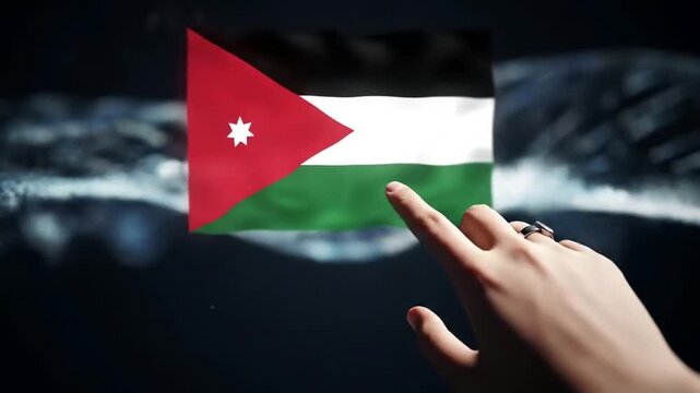 Hand touching digital Jordanian flag over dark liquid background
