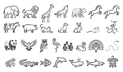 Animal Outline Icon Collection Featuring Mammals, Birds, Fish and Wildlife Vector Symbol Set © MstNadiya