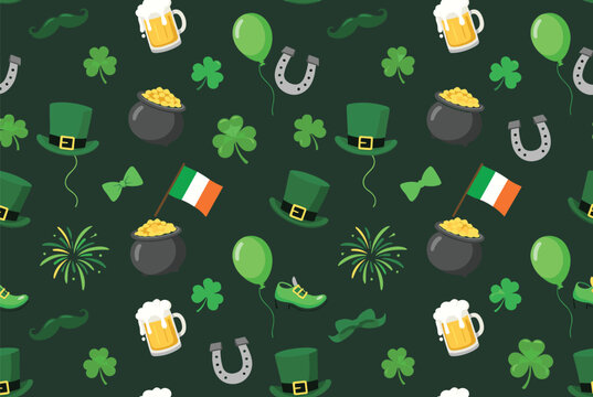 Festive Saint Patrick's Day seamless pattern with leprechaun hats, pots of gold, shamrocks, and Irish flags.