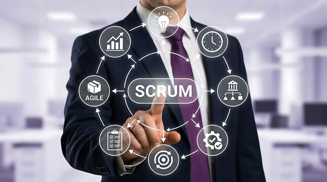 Businessman pointing at scrum agile software development cycle process