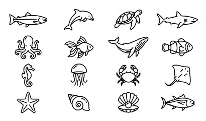 Marine life outline icon set featuring fish dolphin whale shark octopus crab starfish and seashell collection © Boloram