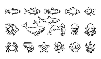 Ocean and sea animal outline icon collection with tropical fish whale dolphin coral jellyfish and shells © Boloram