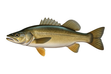 Fototapeta premium Zander fish in side profile, showing scales and fins. A freshwater pike-perch isolated on a transparent background