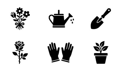 Simple gardening silhouette icon collection with flowers watering can gloves shovel and potted plant vector © Boloram