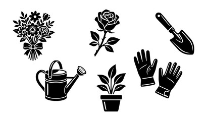 Garden equipment black silhouette icon set featuring bouquet rose shovel watering can gloves and flowerpot © Boloram
