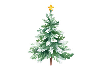 Obraz premium Christmas tree with snow and golden star, watercolor drawing representing winter holiday season and festive celebration