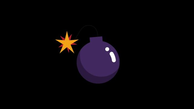 Minimalist Purple Bomb with Lit Fuse Animation, Exploding Threat and Countdown Concept, Cartoon Weapon Icon Loop on Black Background