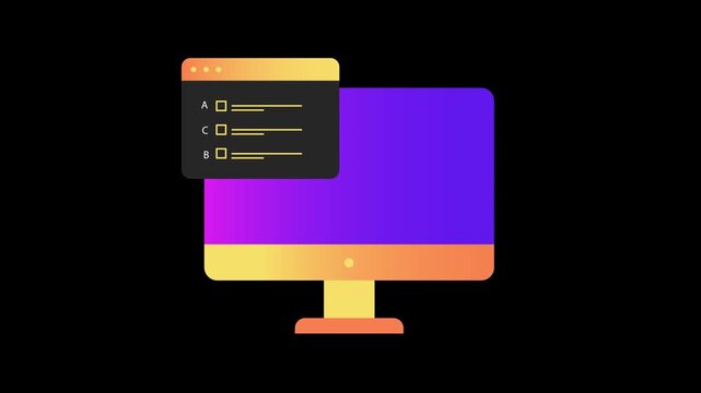 Minimalist Online Quiz and Survey Animation on Computer, Desktop Multiple Choice Test, Digital Questionnaire Icon Loop on Black Background