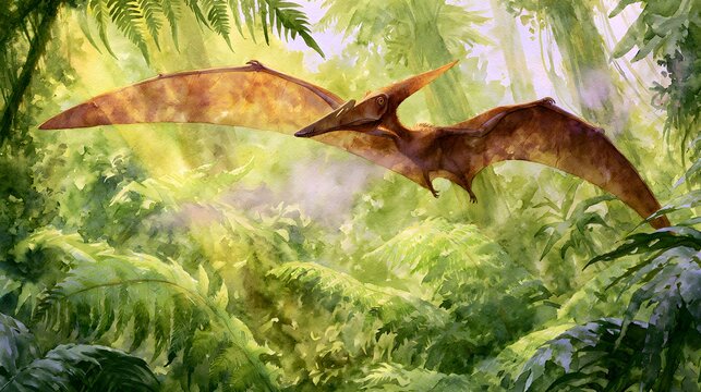 Majestic pterodactyl soars above a prehistoric jungle bathed in sunlight and lush green wonder