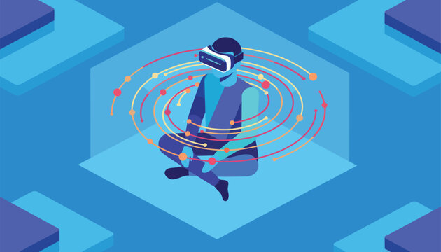 Person sits cross-legged wearing a virtual reality headset while surrounded by swirling colorful digital data rings.
