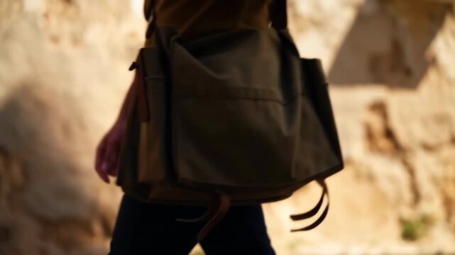 Person walking outdoors with khaki canvas backpack, leather ends swaying and straps moving in warm golden light, seen from low angle with soft blur and natural bokeh