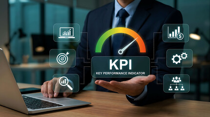 Fototapeta premium Businessman showing KPI dashboard data growth and key performance indicators