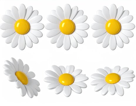 Collection of Six White Daisy Flowers with Yellow Centers.