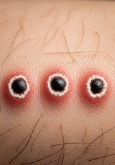Fototapeta premium Macro view of skin rash with three distinct pustules or lesions, showing symptoms of a viral infection or insect bite