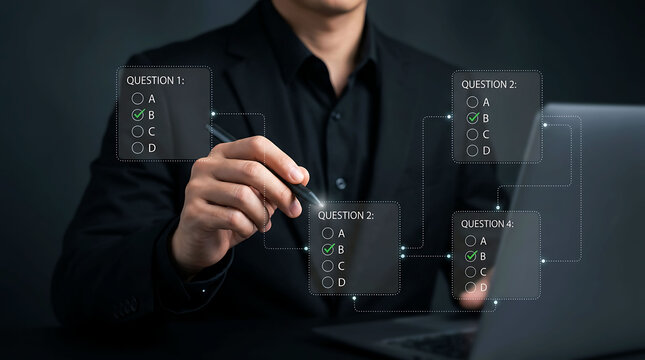 Businessman answering multiple choice questions on virtual screen
