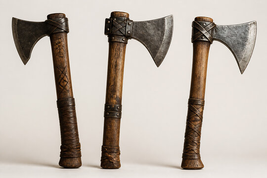 Three ancient-looking battle axes are displayed against a plain background.