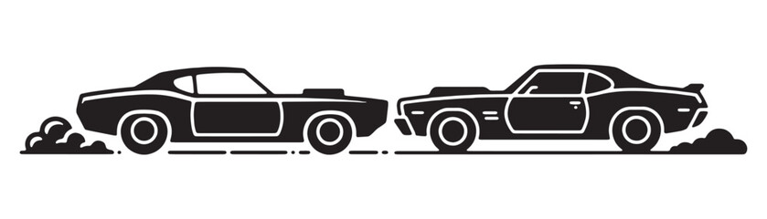 Obraz premium Two classic muscle cars racing side by side creating smoke.