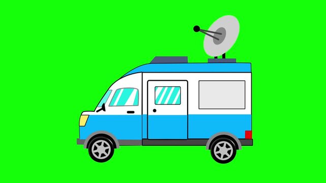 A flat cartoon-style satellite news broadcasting van is displayed on a solid green screen background.