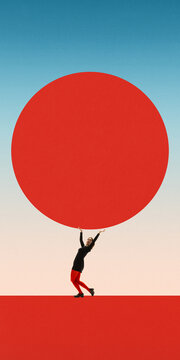 Businesswoman supporting oversized red circle above her head. Concept of growing responsibility, leadership pressure, business targets, demanding workload and career resilience.