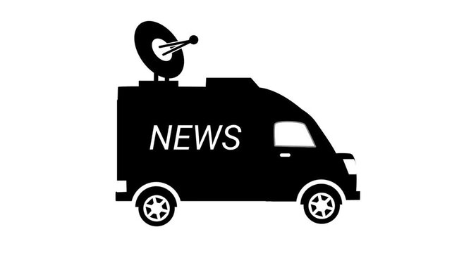 A black news van silhouette with a satellite dish on its roof is shown against a plain white background.