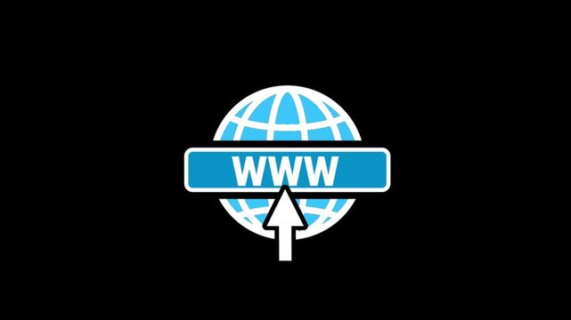 Animated cursor clicking on a search bar to display WWW text over a spinning blue globe.