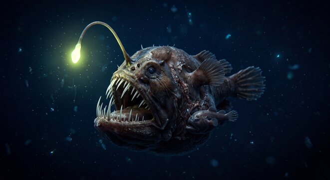 A terrifying anglerfish with sharp teeth and a glowing lure swimming in the dark deep ocean waters.