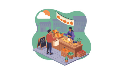 Fototapeta premium Customer buying autumn pumpkins at outdoor market stall from vendor
