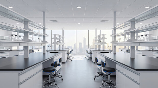 Science lab empty table background modern research facility interior with bright window city view. Scientific chemistry research laboratory. modern clean interior room, equipment blur