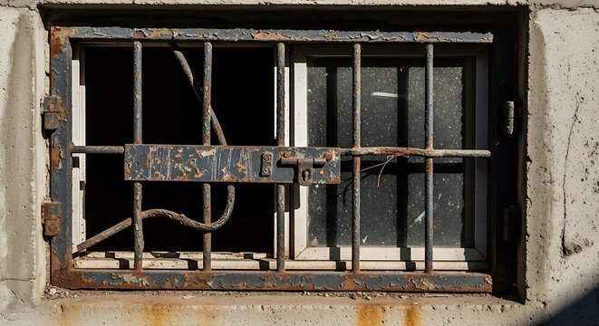 Rusty Metal Security Bars on a Basement Window with Old Padlock