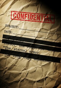 Top Secret Confidential Document on Aged Crumpled Paper with Redacted Text and Vintage Grungy Texture