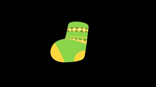 Minimalist Winter Sock Animation, Cozy Christmas Stocking Concept, Green Patterned Woolen Hosiery Icon Loop on Black Background