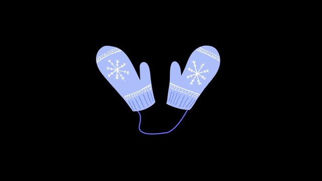 Minimalist Winter Mittens Animation, Cold Weather Woolen Gloves Concept, Christmas Snowflake Mitts Icon Loop on Black Background