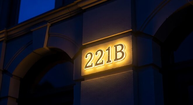 Illuminated House Number 221B Glowing Brightly on Building Facade at Night