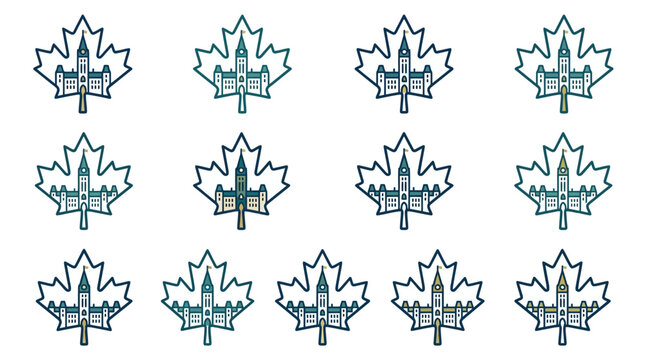 Canadian parliament building emblem on maple leaf background