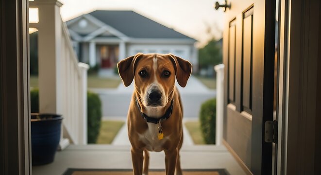 Loyal brown dog standing on a front porch at golden hour, ready to greet you at home.