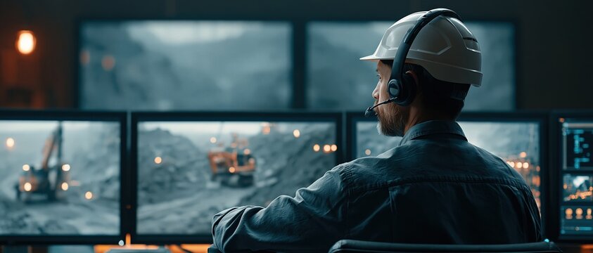 Focused engineer in hard hat and headset oversees active mining site via multiple surveillance screens. Ideal for industrial safety, remote operations, and smart infrastructure campaigns.