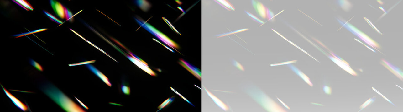 Holographic prism light rays with rainbow optical reflections realistic glossy lens flare overlay texture effect