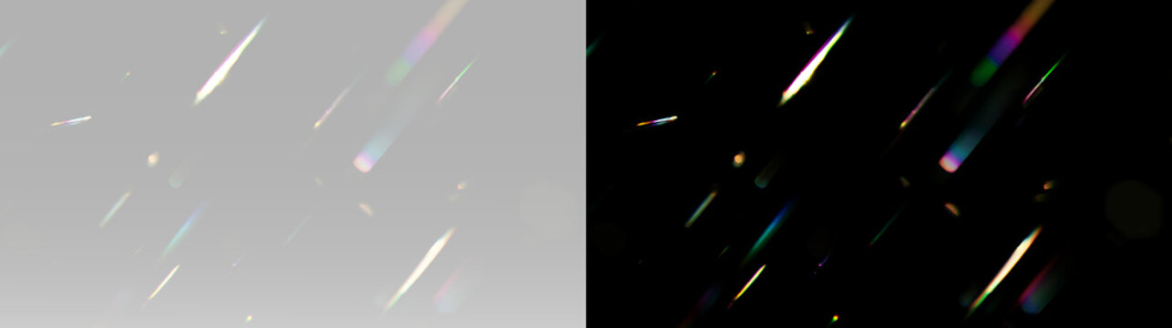 Crystal prism light reflections with iridescent rainbow streaks realistic optical glass overlay texture effect