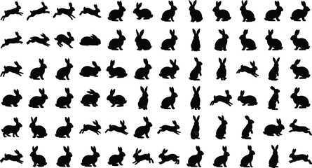 Obraz premium Large Vector Collection of Rabbit and Bunny Silhouettes in Various Poses for Easter Holidays Wildlife Nature Conservation Branding and Hunting Club Graphic Designs