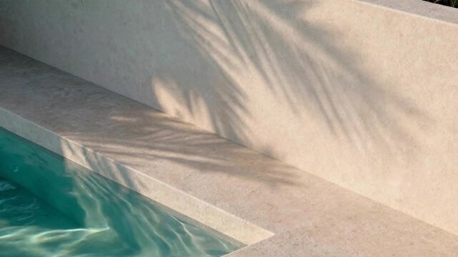 Turquoise Swimming Pool with Palm Leaf Shadows on a Warm Minimalist Wall